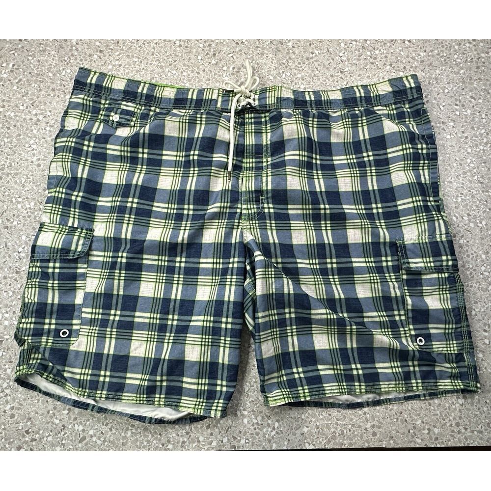The Foundry Swim Shorts Mens size 3XL Blue Green Plaid 5 Pockets Mesh‎ Lined New